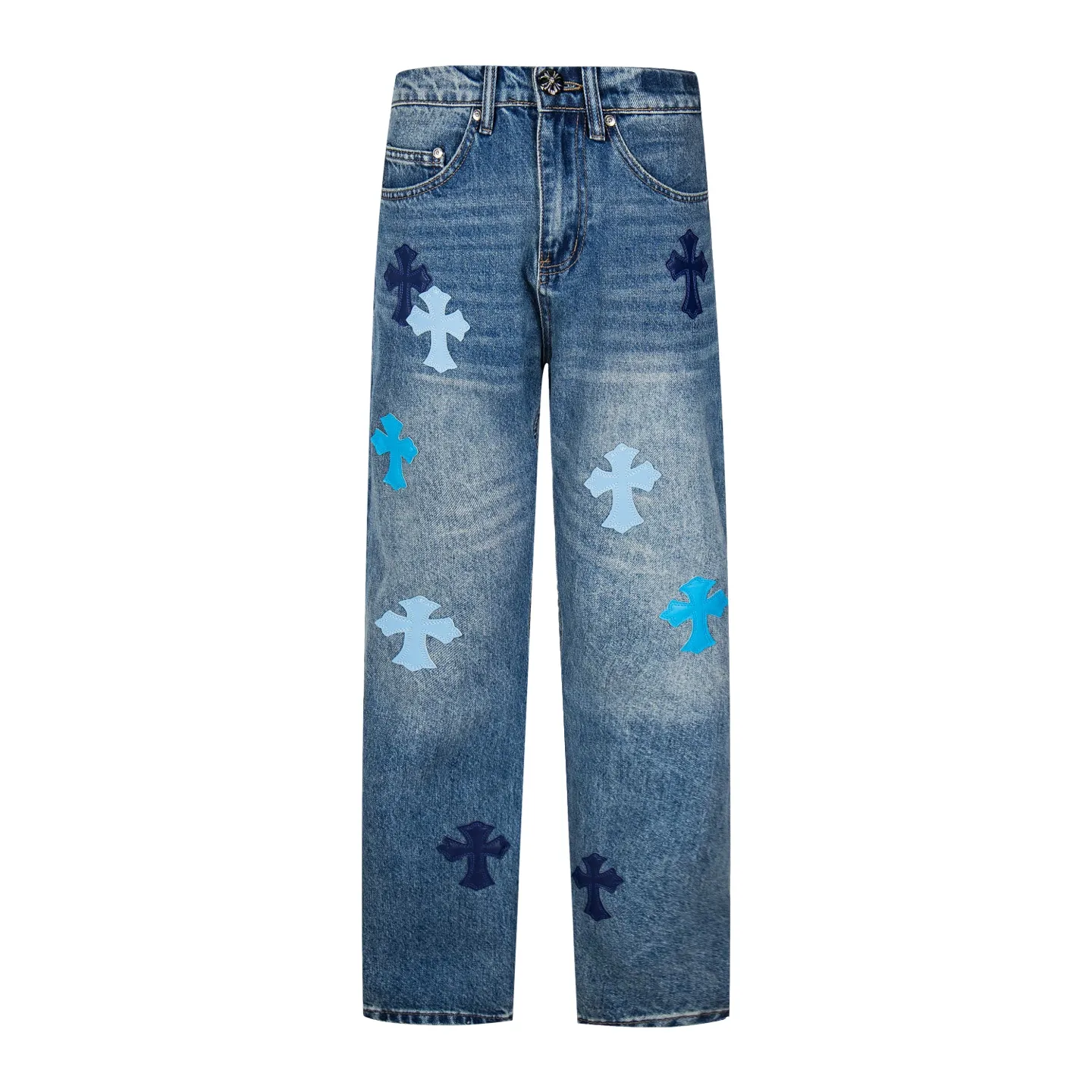 P260 Chrome Hearts micro-flared light blue multi-leather hot jeans. CH jeans need to be washed after the finished product, then disassembled and hand-stitched with sheepskin cross leather and then spliced ​​to complete. The whole piece has too many craftsmanship to explain. The patchwork cross pattern is embellished, and the high-waisted washed jeans! ! Absolutely high-end luxury products, god-level single products and super popular products, made with top heavy industry, a must-see magic weapon. Customized hardware. The fabric is thick and soft after washing. It has good breathability. Customized small leather label. Unique design. The details are simple and elegant, and the workmanship is exquisite. The entire trousers are neatly routed and the details are in place! It’s so cool that both men and women can easily control the genderless trend! Style number: 1796# Color: blue Size: 28 30 32 34 36